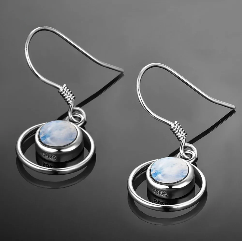 

Sterling Silver 925 Earrings Fashion Round Natural Moonstone Drop Earrings for Women Wedding Engagement Ear Jewelry