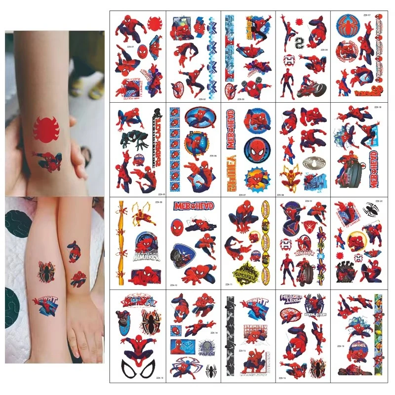 

20 шт./компл. Новые временные татуировки Marvel Spider Man, мультяшные тату-наклейки для подарка на день рождения, наклейки для боди-арта