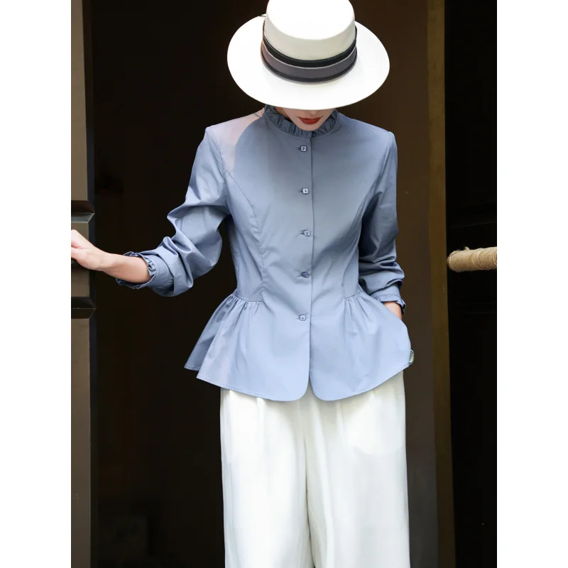 MEXCOCO 2026 Spring New French Style Lyocell Blouse Women Ruffle Waist Slim Elegant Shirt