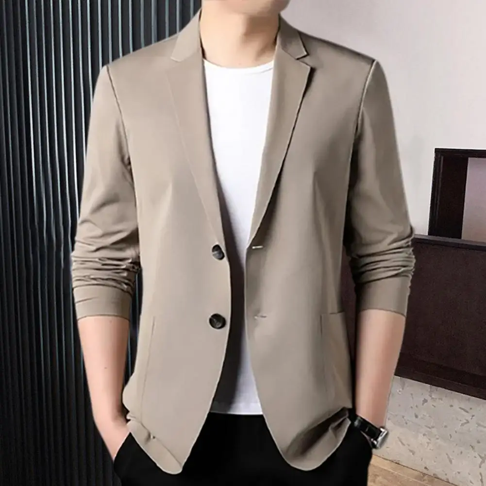 Chic Men Suit Jacket Solid Color Lapel Pockets Plus Size Men Business Coat  Groom Coat Commuting