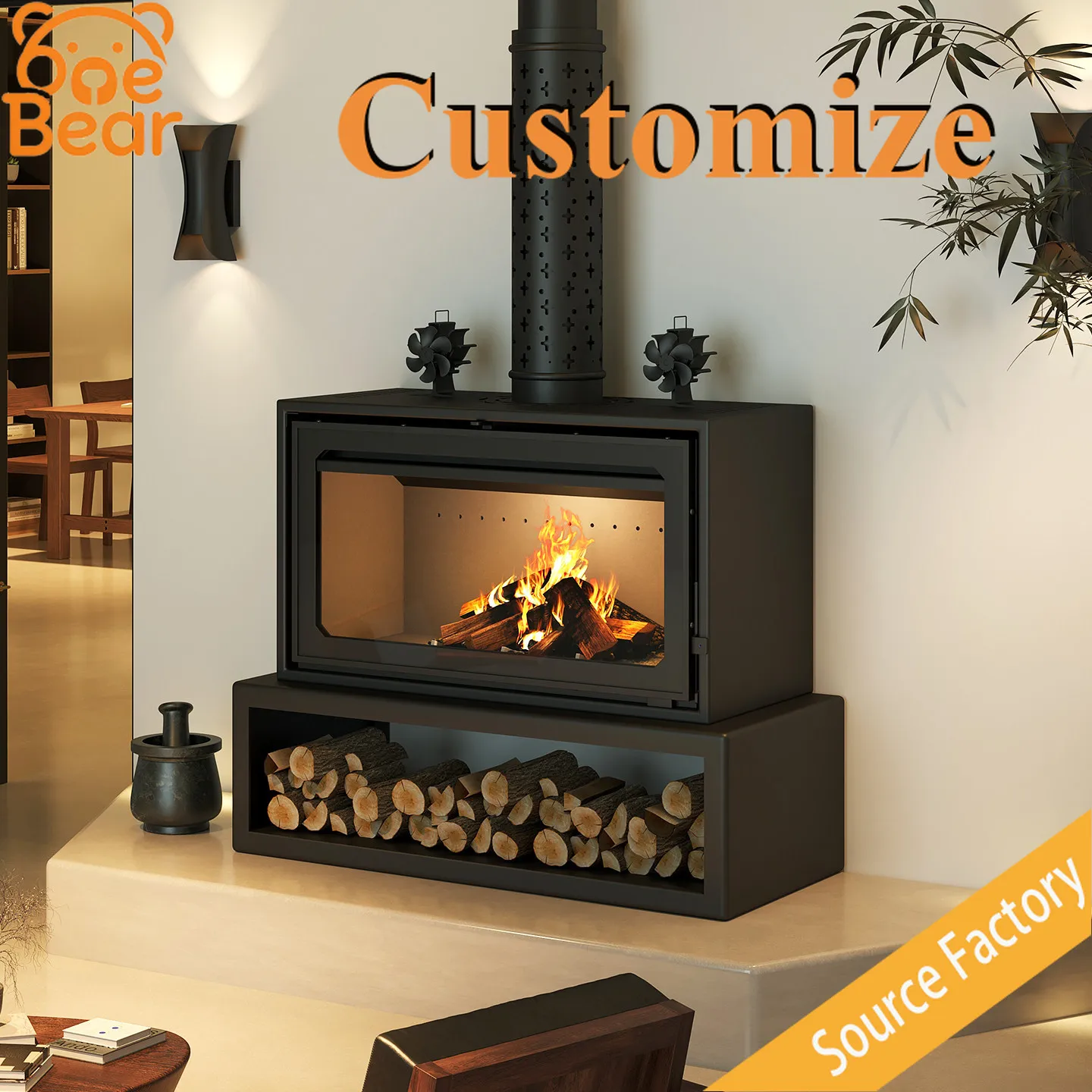Customizable Real Fire Wood Burning Fireplace Multi-Side Viewing Indoor Heating For Boutique B&Bs Living Room Winter House Decor