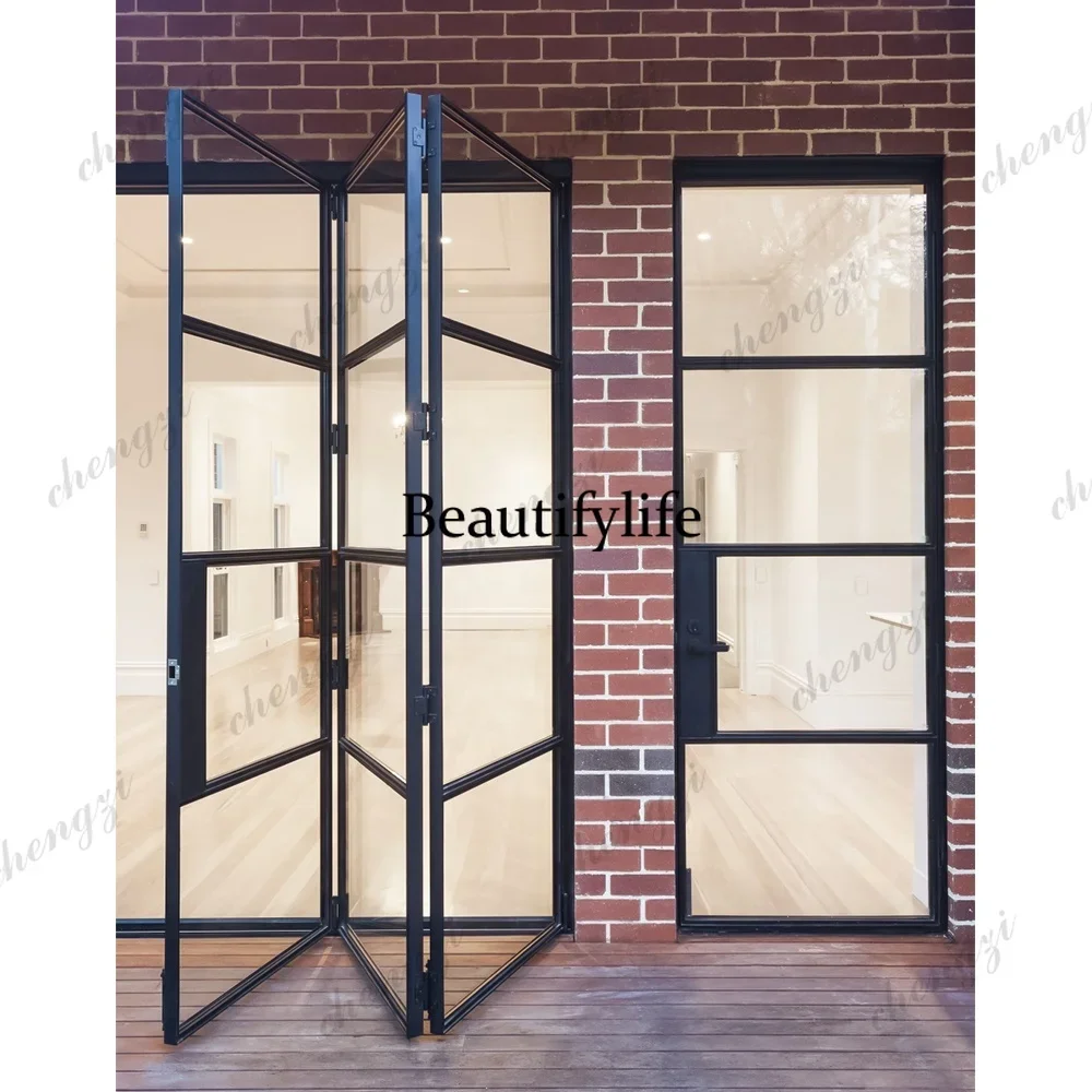 F181Z183 Customization Black Accordion Iron Doors Patio Exterior Folding Glass Steel Door Iron Bi-fold Doors For Houses