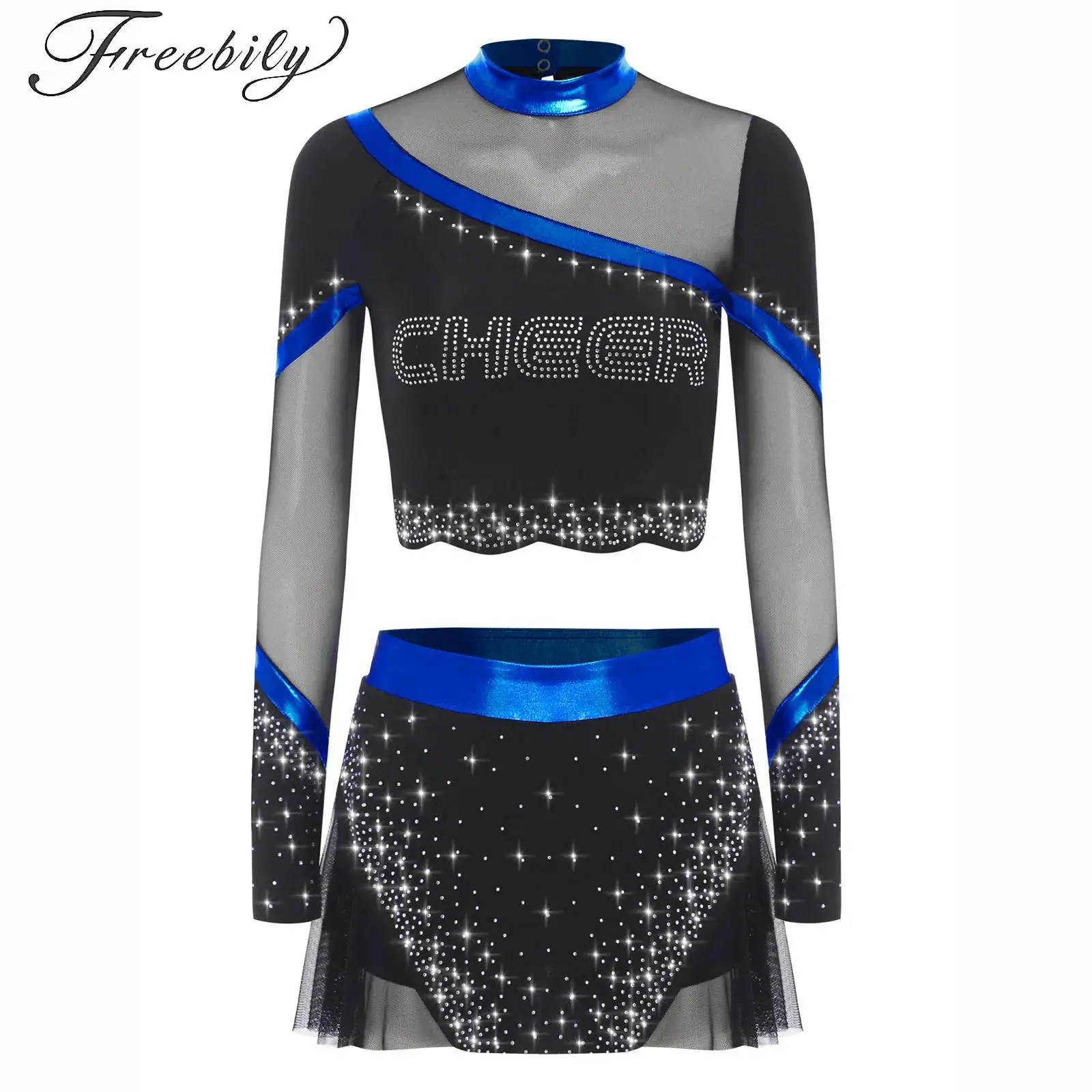 

Women Rhinestone Cheerleading Uniform Costume Schoolgirl Party Sport Meeting Cheerleader Outfits Crop Tops with Mini Skirt Suit