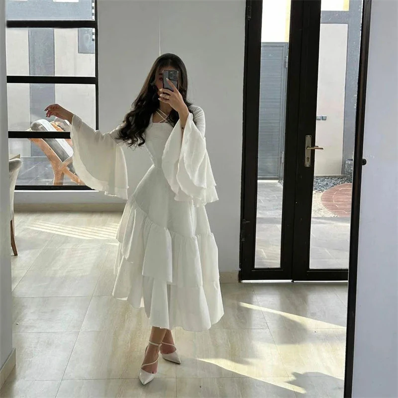 

BridalAffair Long Sleeves A-Line Evening Gown Formal Princess Square Collar Bubble Prom White New Party Dresses for Women 2023