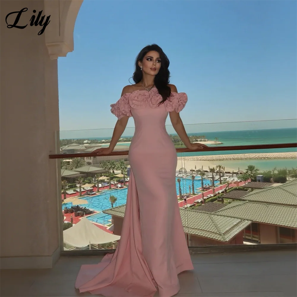 

Lily Pink Mermaid 프롬 드레 Chic Off the Shoulder Stain Prom Gown with 3D Flowers Evening Dresses for Formal Event Customized