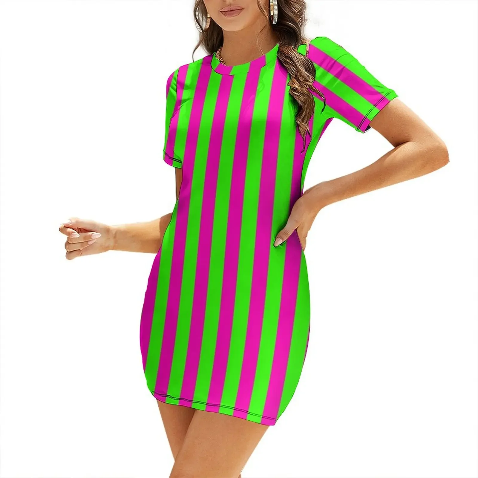 

Neon Green and Pink Vertical Stripes Short-Sleeved Dress festival outfit women evening dresses luxury 2025 Beachwear Dress