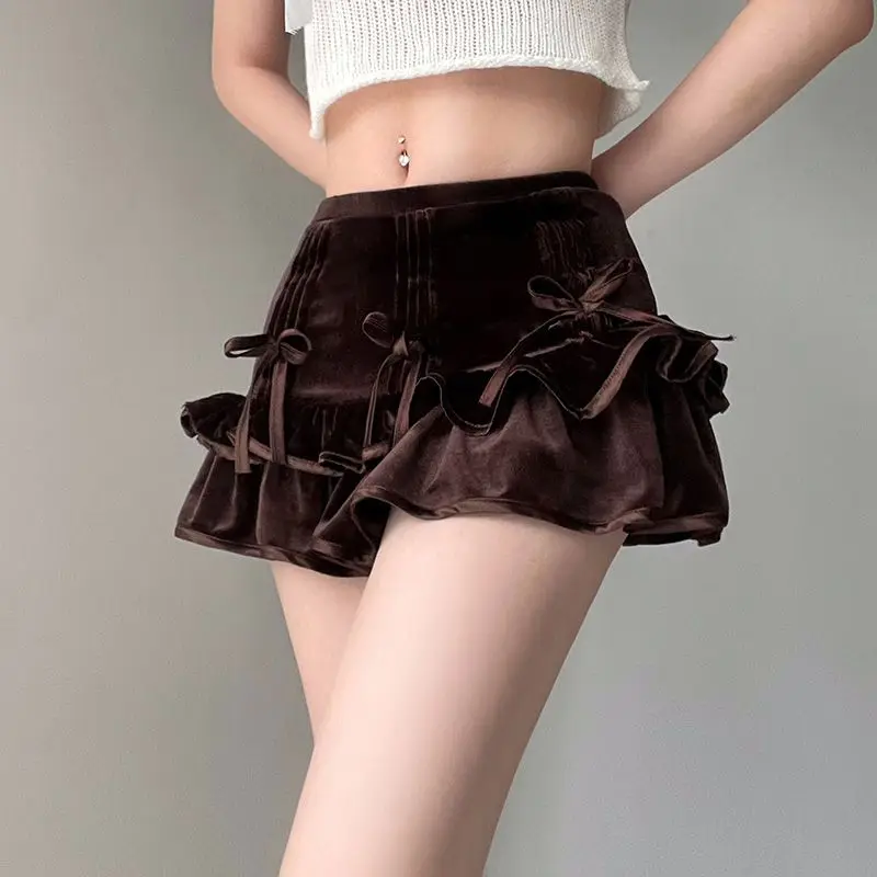 Super Short Skirt Ruffle Bow Cute Low Waist Tight Mini Skirt Fairycore Kawaii Holiday Outfit Y2K Women Waist Pleated Short Skirt