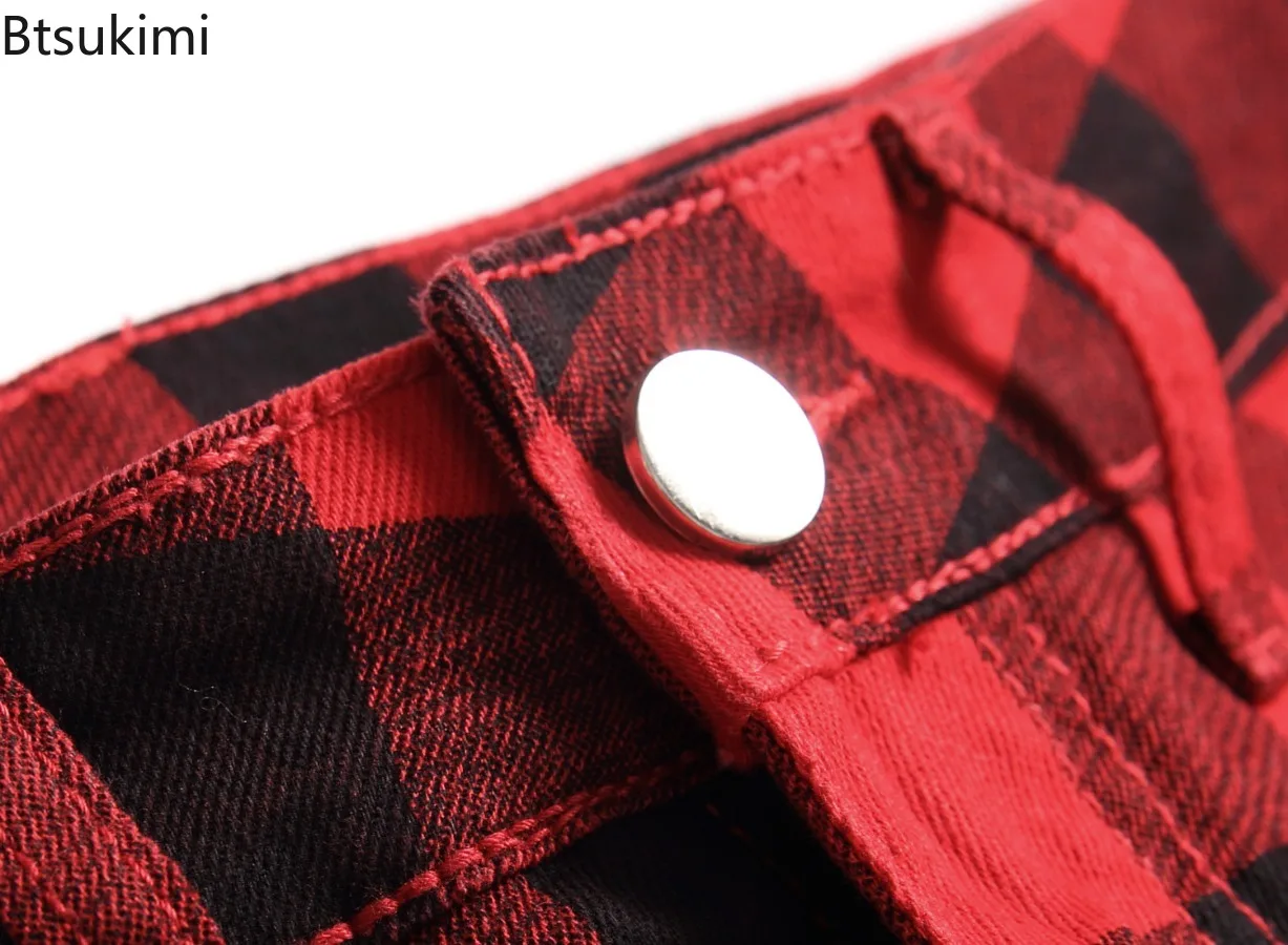 2025 Classic Plaid Print Jeans for Men Fashion Stretch Slim Fit Straight Casual Trousers  Street Style Men Denim Pants Plus Size