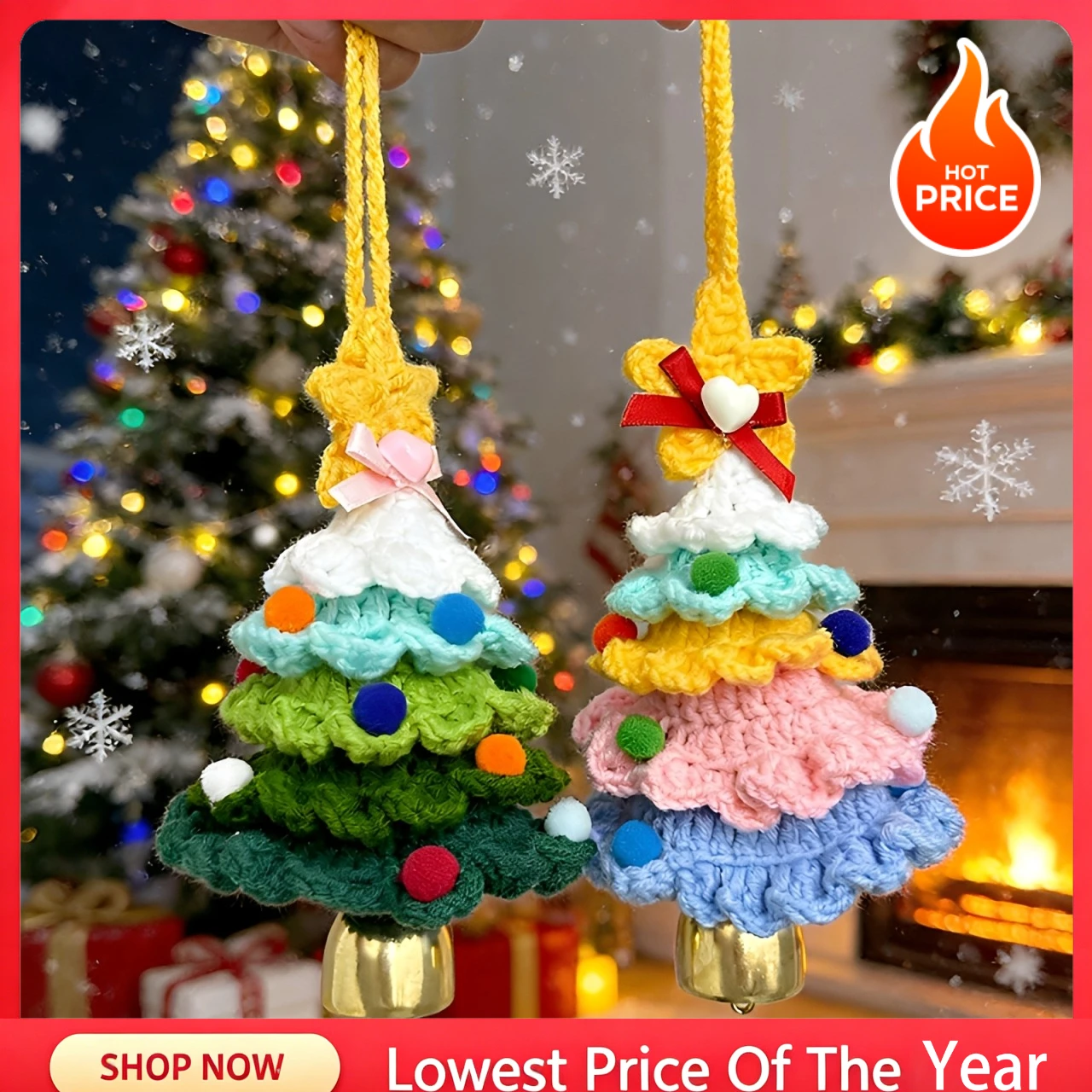 Knitted Christmas Tree with Jingle Bell Plush Christmas Hanging Pendant Wool Crochet Christmas Tree for Christmas Party Decor