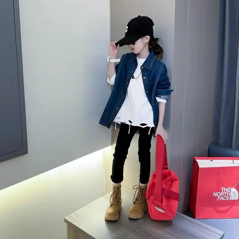 5-14Years Kids Denim Jackets for Girls Button Turn Down Collar Jean Jacket Teens Autumn Outwear Coat 6 7 8 9 10 11 12 13 14