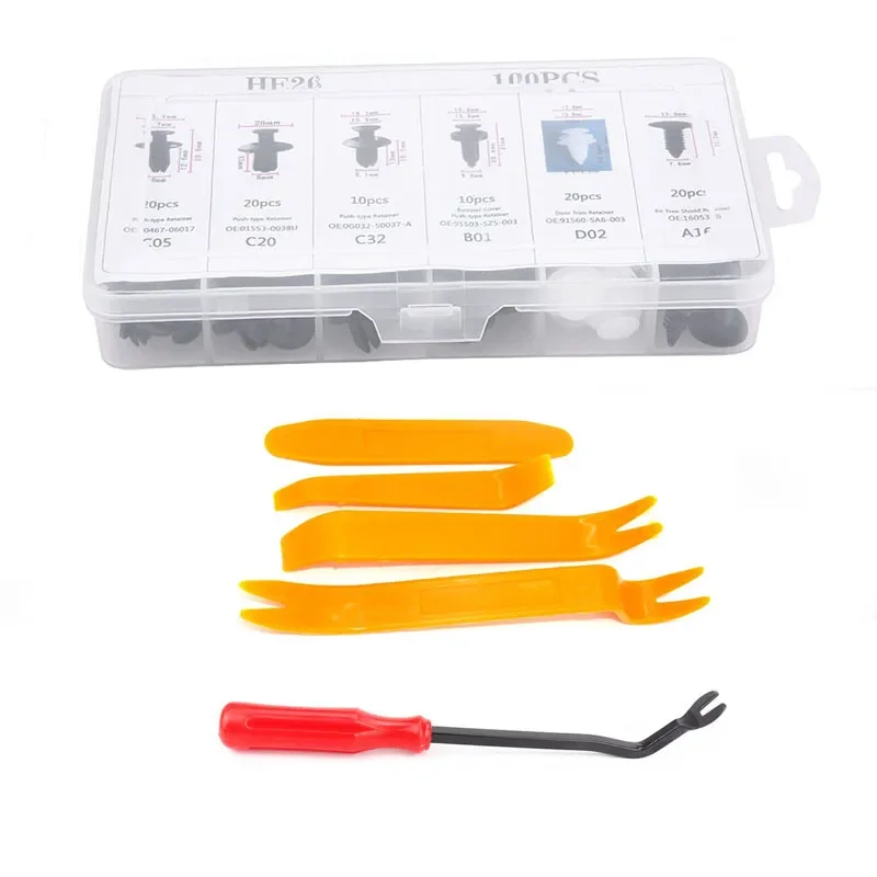 

100pcs Mixed Car Fastener with Removal Tools Car Body Push Retainer Pin Rivet Bumper Door Trim Panel Retainer Fastener Kit