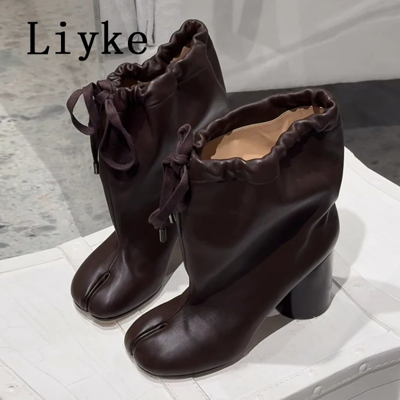 Marca Liyke, botines Tabi de punta abierta de diseñador, zapatos de Otoño Invierno para mujer, botines cortos de tacón grueso con cordones a la moda, talla 35-40