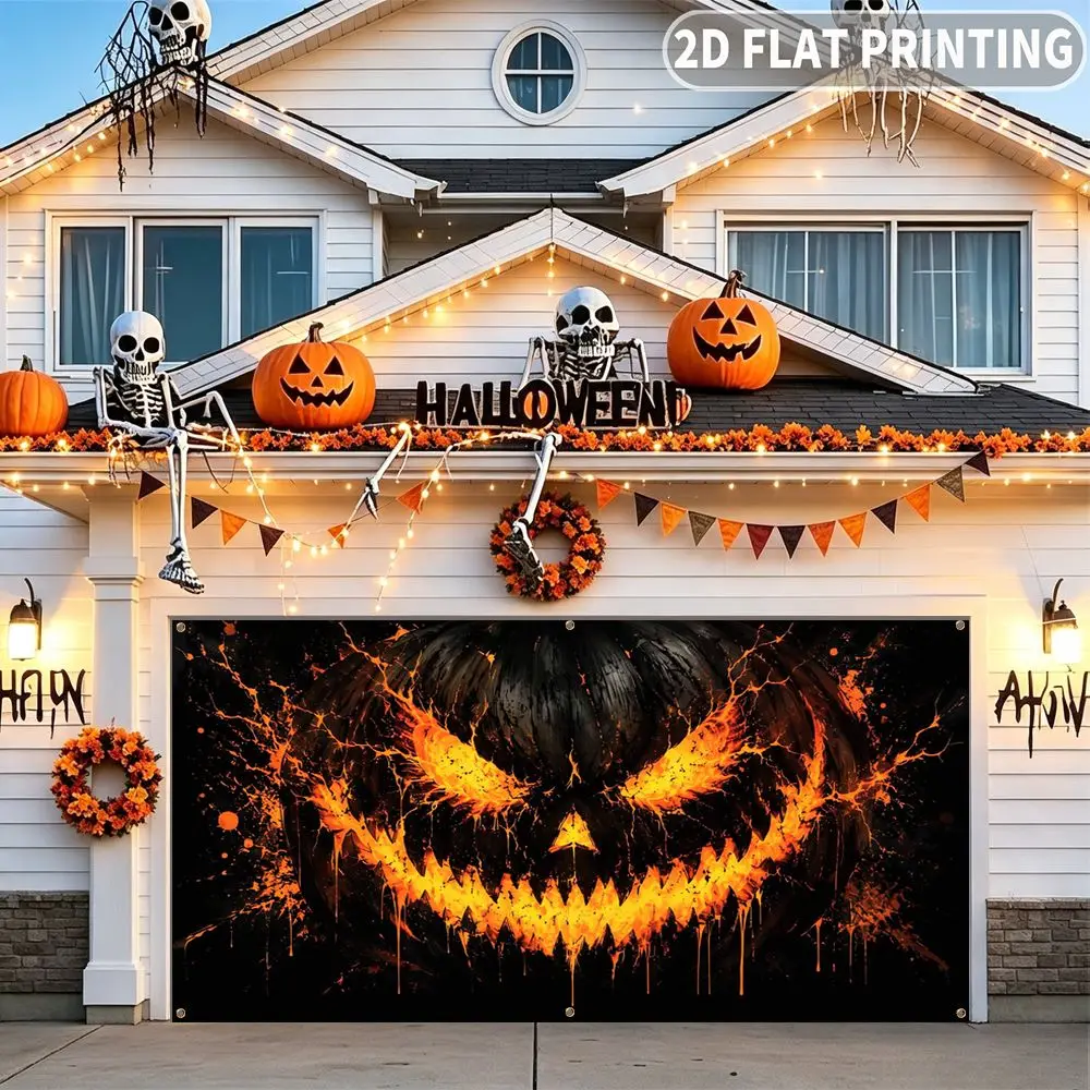 1pc 2D FLAT Halloween Party Garage Banner, Fiery Evil Pumpkin Face Design Pattern, No Power Need, for Garage Door Decor