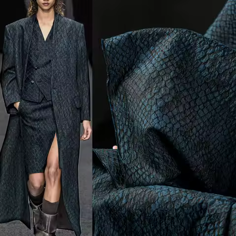 Peacock Blue-green Mottled Square Grid Fried Jacquard Fabric Vintage Mottled Lines Creative Clothing Designer Fabric