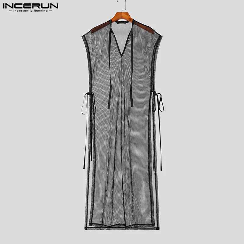 Stylish Casual Style Tops INCERUN Men\'s Sexy See-through Mesh Long-style Tank Tops Male V-neck Strap Sleeveless Thin Vests S-5XL