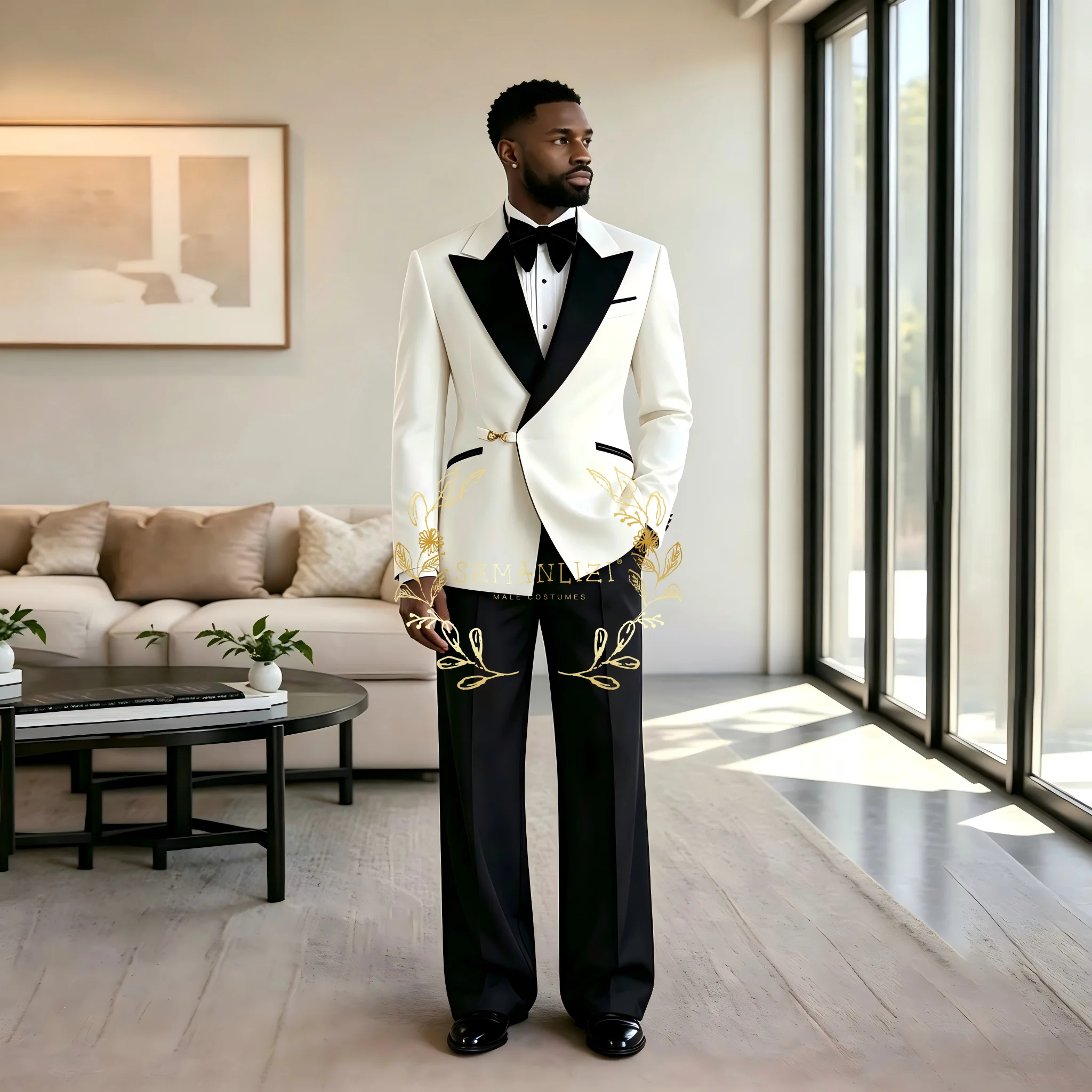Double Breasted Metal Buckle Men Suits Jacket Pants For Wedding Peaked Lapel Blazer Sets Business Party Prom Tuxedo Custom Made