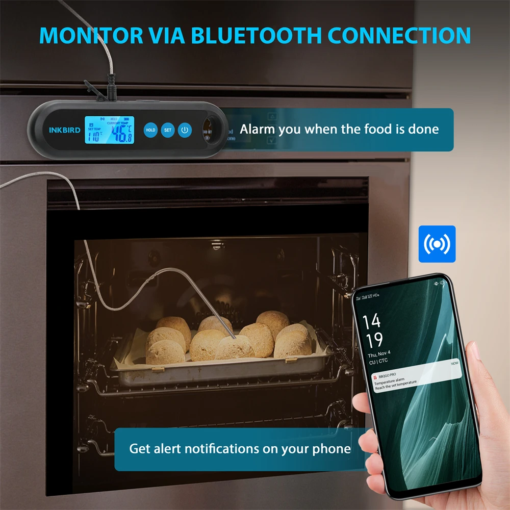 INKBIRD IHT-2PB Digital Bluetooth Meat Thermometer  With 1 External Probe Instant Readout IPX5 Waterproof Rechargeable Free APP