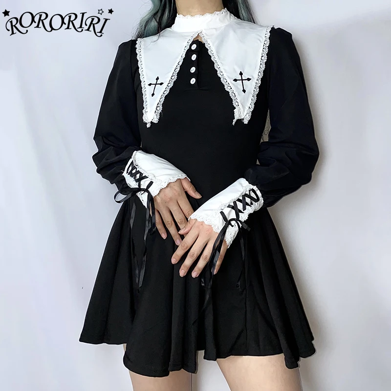 RORORIRI Lolita Cross Lace Trim Mini Dress Women Bicolor Long Sleeves Bandage Ruffle One-piece Cosplay Gothic Halloween Costumes