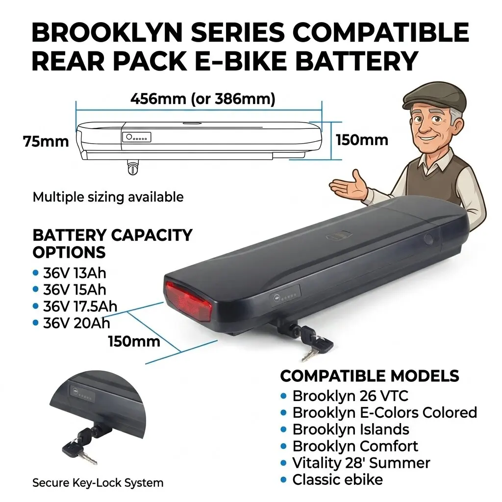 

36V Rear Pack Brooklyn 26 VTC E-Colors ebike battery 13ah for Brooklyn Islands Comfort Velectric 28' Summer Classic ebike