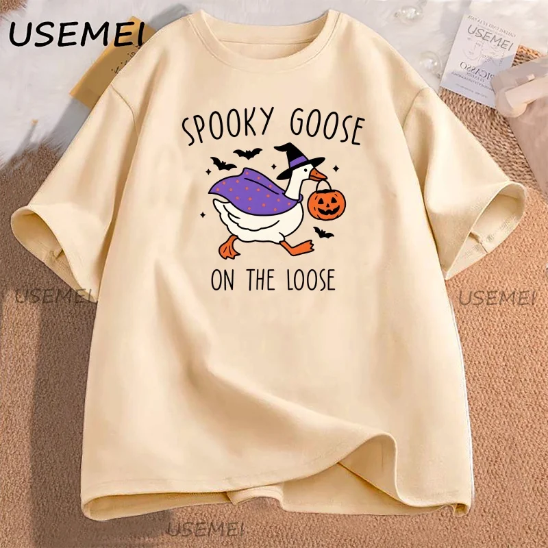 

Spooky Goose T Shirt Halloween Tshirt Witchy Silly Goose Lover Tee Trick or Treat Graphic T Shirts Cotton Short Sleeve Tops