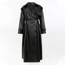 Autumn Winter Long Red Black Pu Leather Trench Coat for Women Double Breasted Luxury Elegant Chic Overcoat