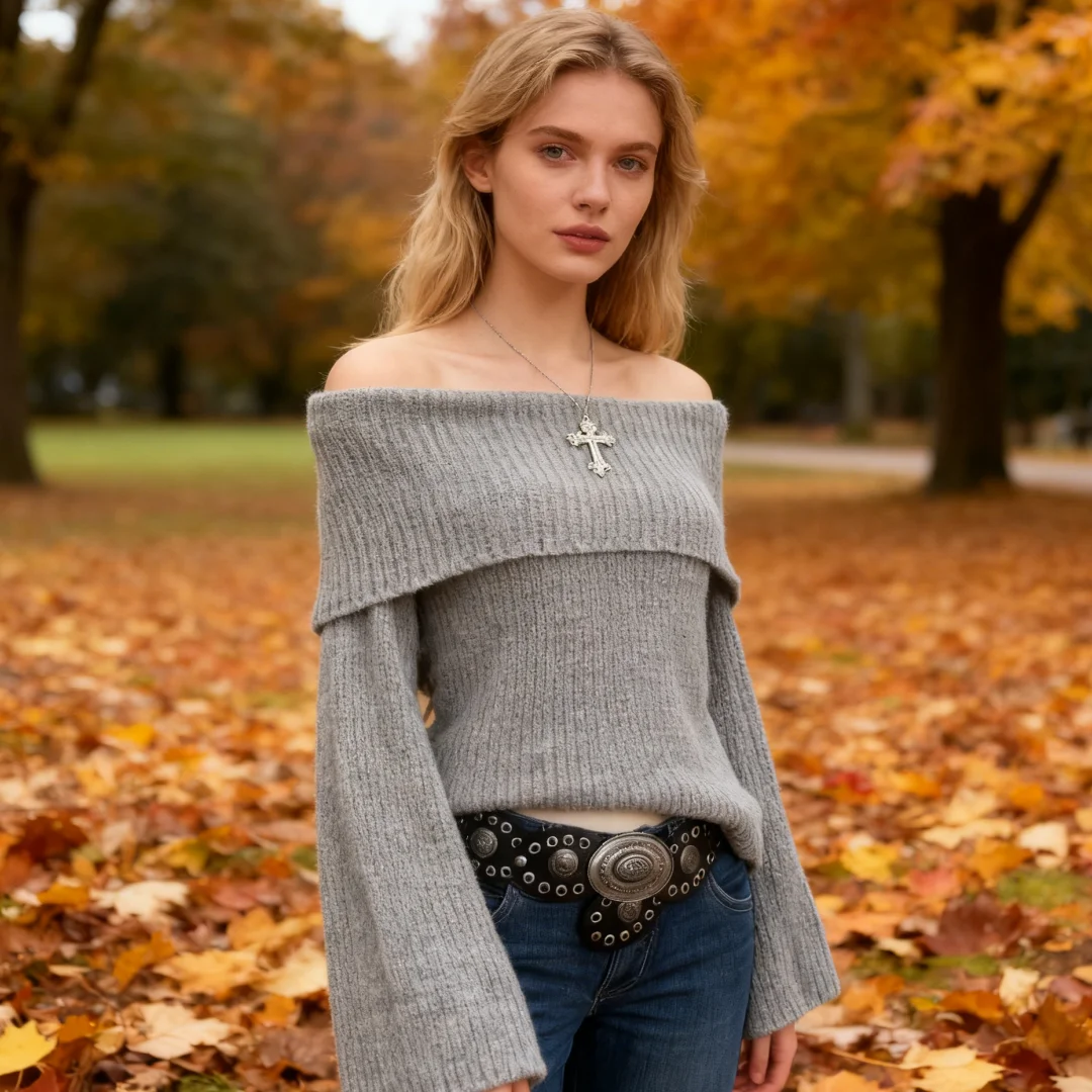 เสื้อถักแขนยาวไหล่เดียวสำหรับผู้หญิง ฤดูใบไม้ผลิ ฤดูใบไม้ร่วง แฟชั่นลำลอง นุ่ม สบาย ใส่ได้ทุกวัน