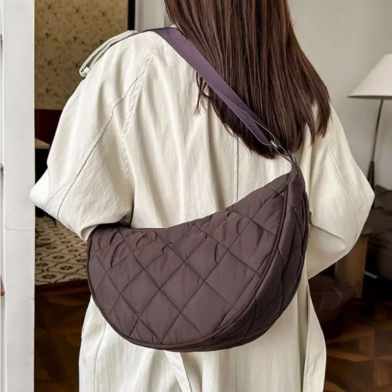 

Waist Half Moon Belt Bag Solid Color Crossbody Bag Large Capacity Shoulder Bags Portable Nylon Plaid Travel Bags for Commuting