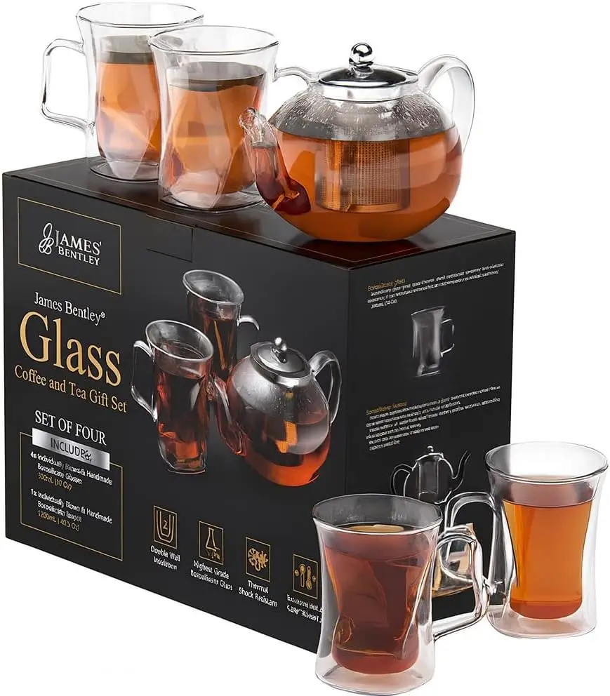 

Borosilicate Glass Teapot Set with Insulated Glasses and Stainless Steel Strainer, Microwave and Dishwasher Safe