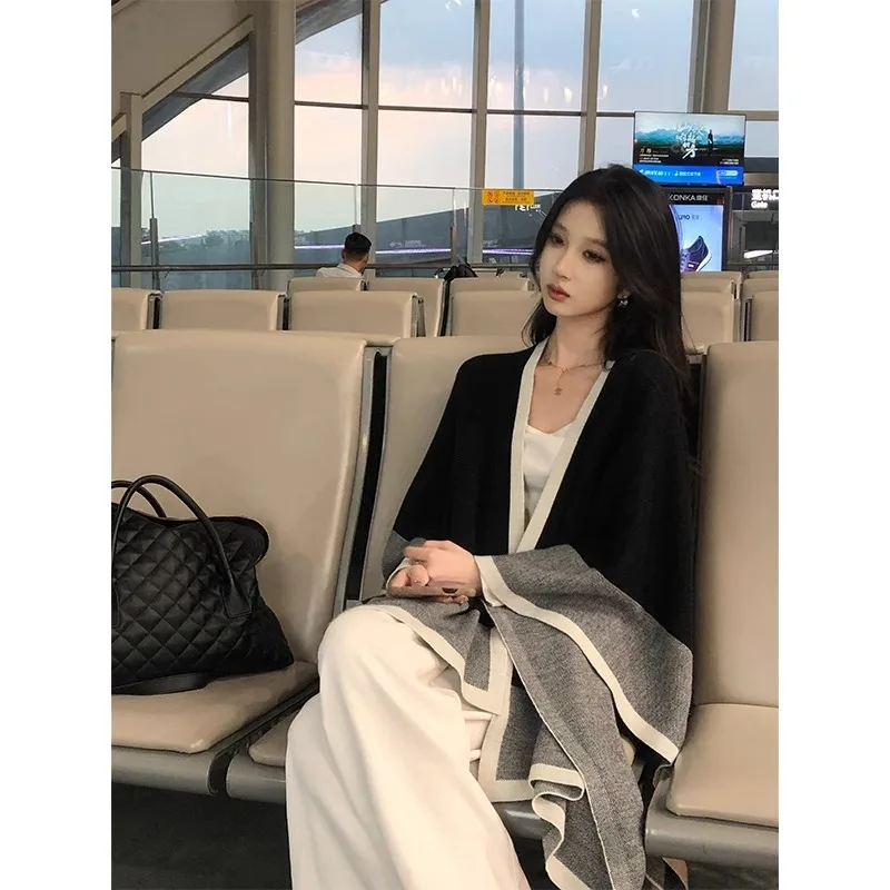 New Casual Contrast Color Knit Cape Shawl Women Loose Open Front Outerwear Versatile Wrap