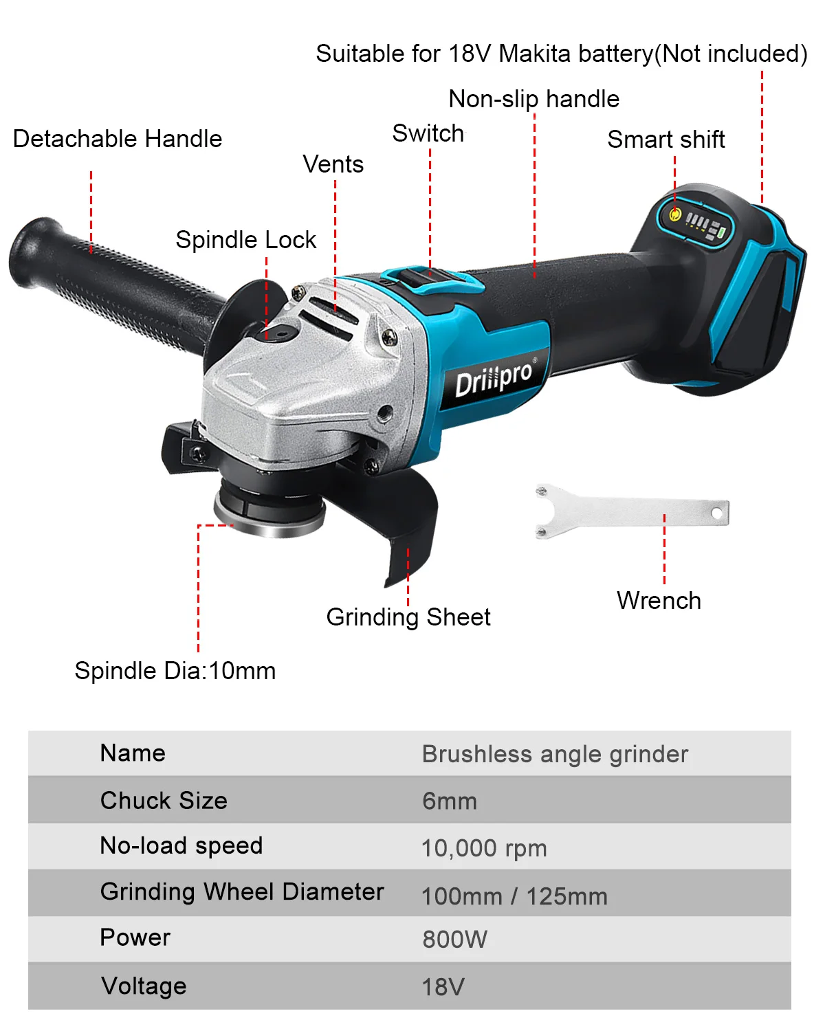 Drillpro 브러시리스 앵글 연마기 기계, 무선 목공 앵글 연마기, Makita18 V 배터리용 겨울 전동 공구, 125mm