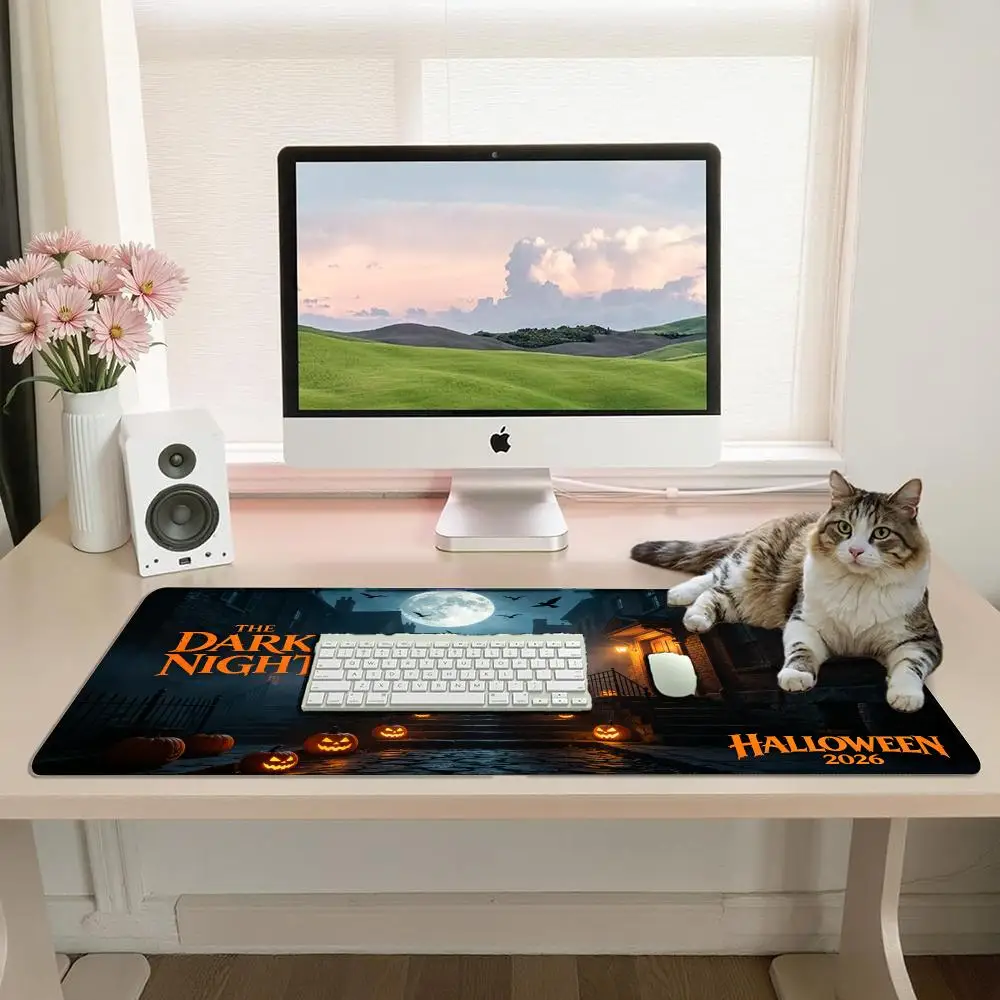 Halloween The Dark Night Large Gaming Mouse Pad Spooky Old Town Jack‑o‑Lantern Full Moon Crow Gothic Street Scene Anti‑Slip