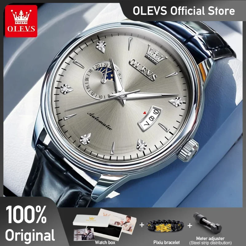 OLEVS 7040 Mens Watch Original Mechanical Wristwatch Leather Strap Reloj Waterproof  Luminous Automatic Date Watches Luxury Men