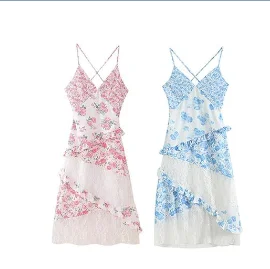

Elegant Women Sleeveless Fashionable Casual Dress 2025 Summer Slim Fit Flower Backless Sweet Dress Printed Lace Suspender Dress
