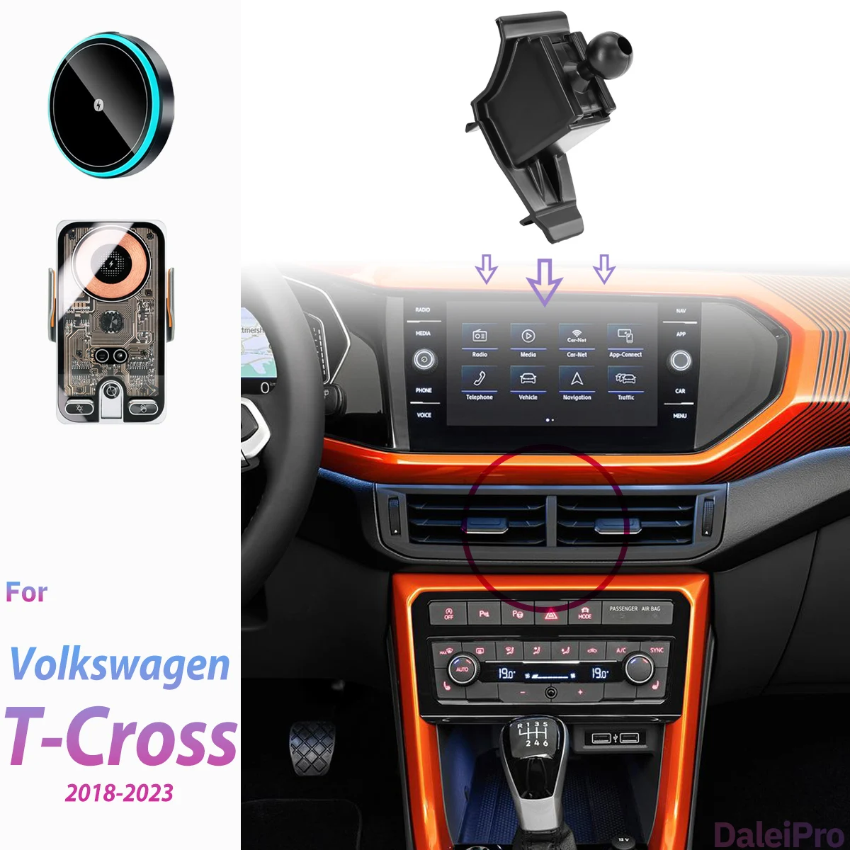 Für Volkswagen VW T-Cross 2018 2019 2020-2023 Auto-Handyhalterung Kabelloses Ladegerät Telefon-Auto-Klemmhalterung Starke Magnetische Halterungsbasis – Detail 1