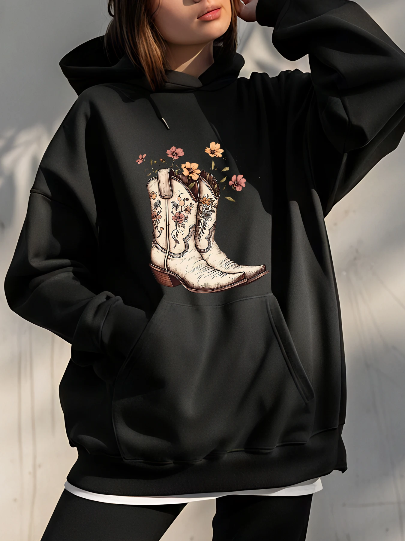 

【Весна】Ковбойские сапоги с цветочным принтом, толстовка с капюшоном, свободная женская толстовка в повседневном стиле, Ins Wind, повседневная одежда