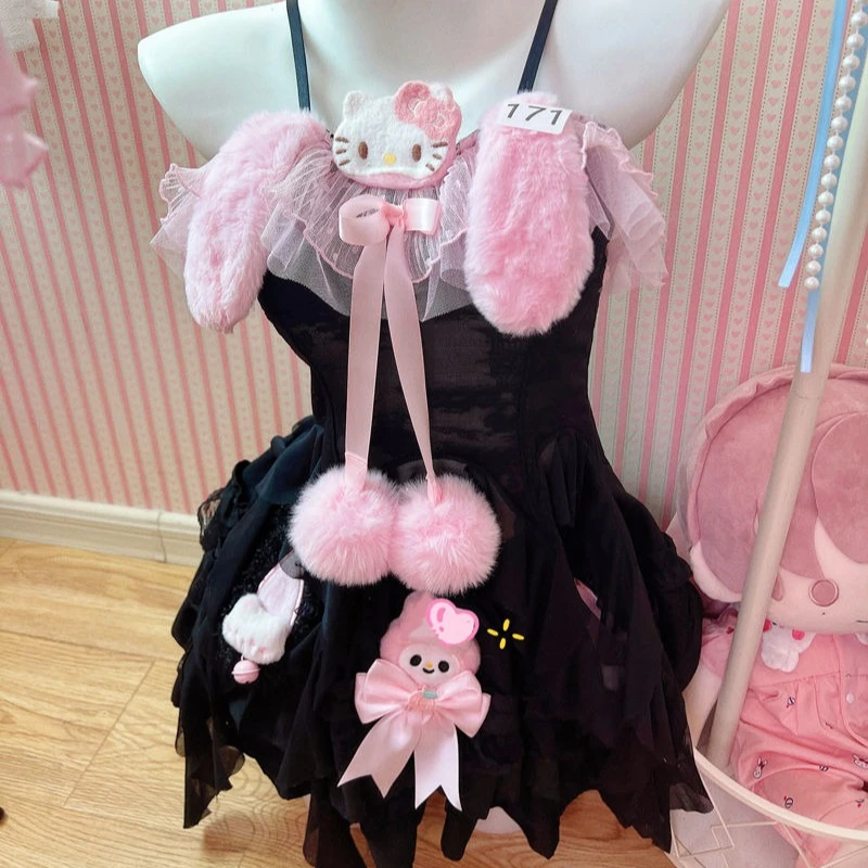 Cartoon Pattern HelloKitty Spicy Girl Y2K Ruffled Lolita Black Pink Sweet Princess Hollow Waist Black Tank Top/short Skirt