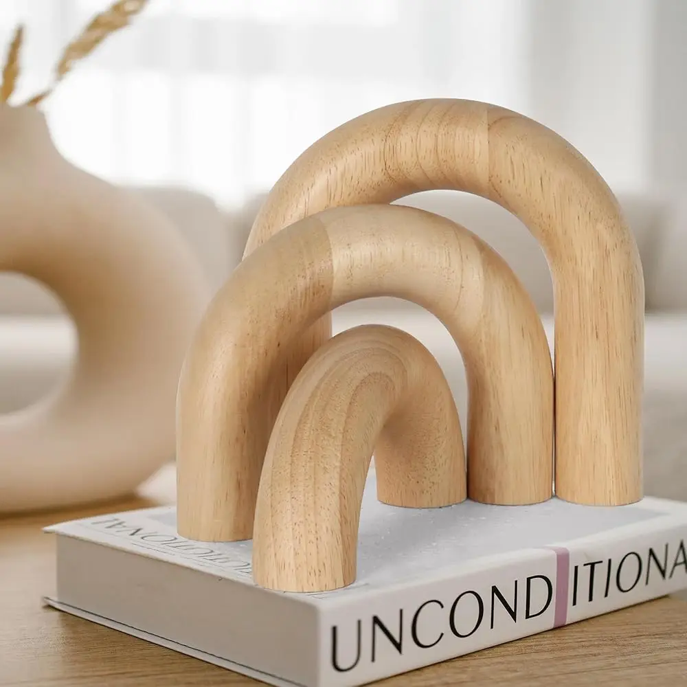 

3 Pieces Wood Arch Decor, Wooden Coffee Table Accents, Neutral Home Aesthetic Bookshelf Decoration, Desk Objects, Natural