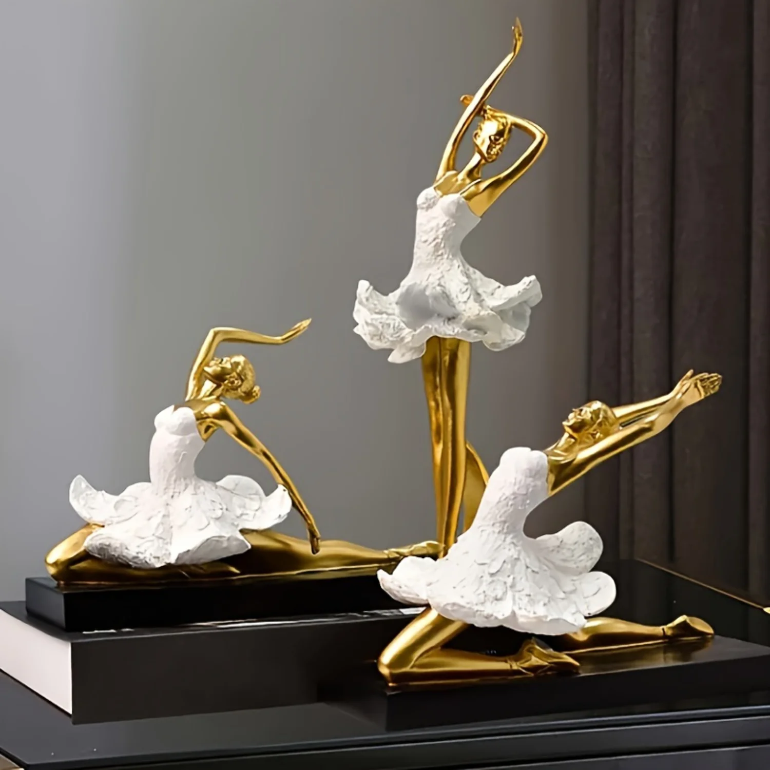 European Resin Sculpture - Golden Ballet Dancer Figurine for Elegant Living Room Decor - Ideal Gift for Dance Enthusiasts