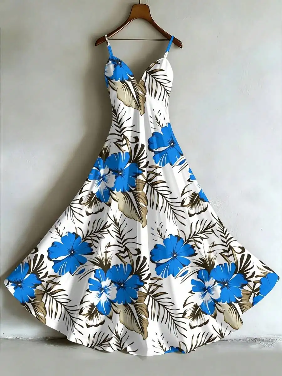 

Womens Floral Print Sleeveless Slip Dress Blue Flowers Umbrella Shape Beach Vacation Dress