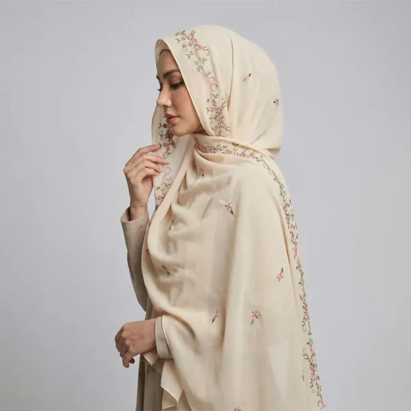 

Hot New Floral Embroidery Chiffon Long Scarf for Women, High Quality Solid Color Elastic Head Wrap & Shawl