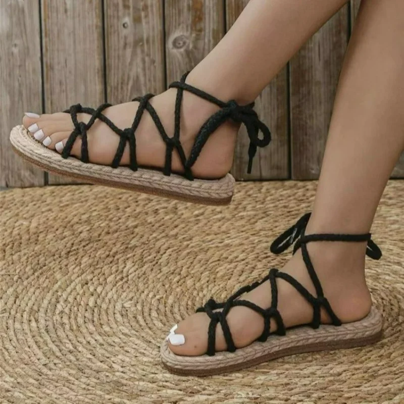 2023 Summer New Women Roman Sandals Retro Braided Rope Round Toe Open-toed Ladies Shoes Casual Non-slip Flat Beach Sandals