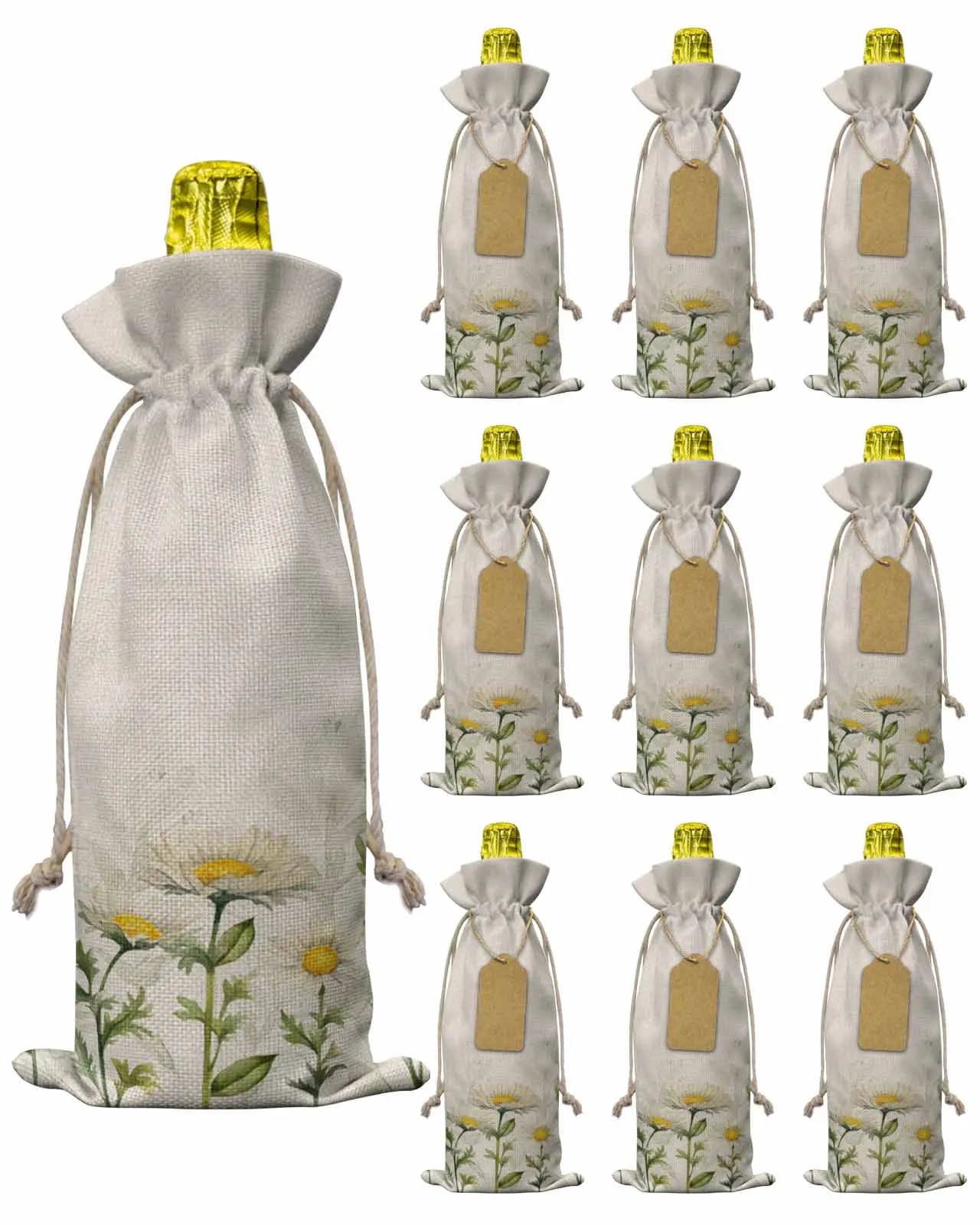 10pcs Leaf Daisy WatercolorWine Bottle Bag with Drawstring Festive Party Decor Wine Bottle Covers Gift