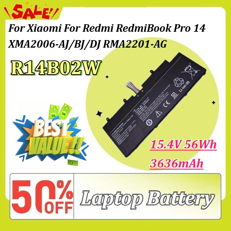 R14B02W 15.4V 56Wh 3636mAh Laptop Battery for Xiaomi for Redmi RedmiBook Pro 14 XMA2006-AJ/BJ/DJ RMA2201-AG Rechargeable Battery