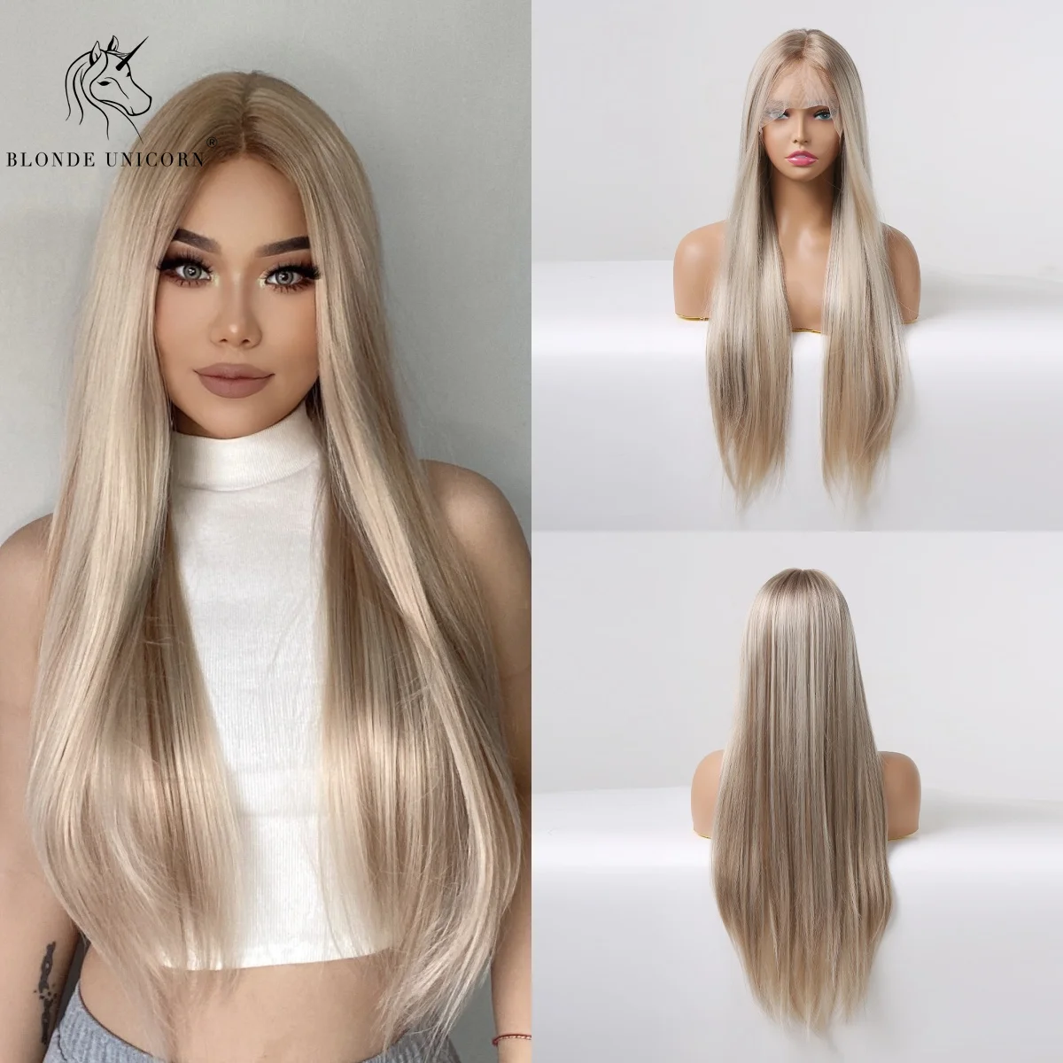 BLONDE UNICORN  Lace Synthetic Wig Blonde withHighlight Long Straight  Wigs Women Heat Resistant Daily Party Natural Cosplay