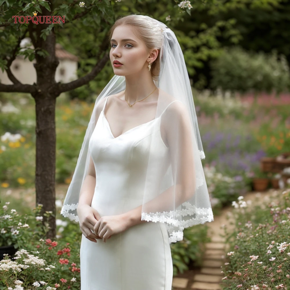 TOPQUEEN V54 Bridal Veils with Thin Scallop Lace Trim Wedding Veil without Comb Short Bridal Veil Wedding Bride Accessories