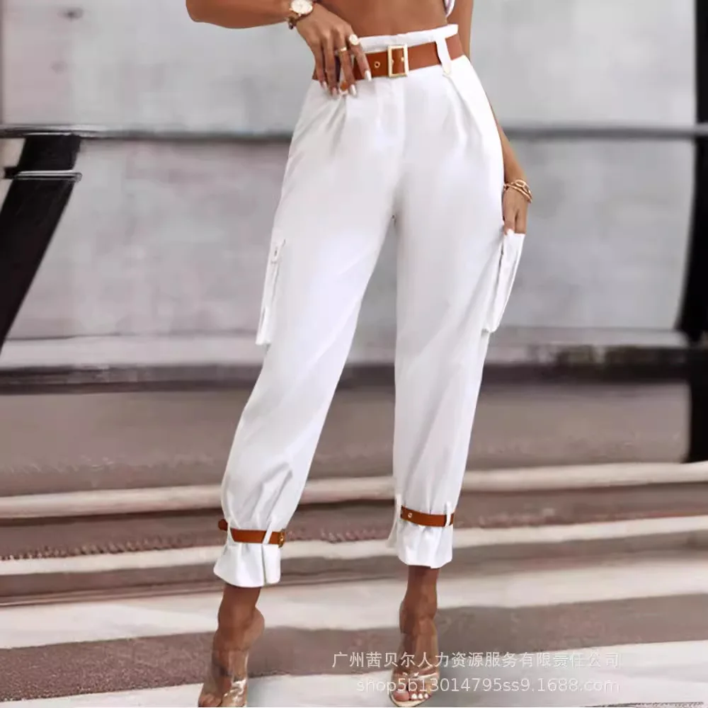 Women Long Pant High Waist Pants Slim Fit Regular Casual Elegant Splice Pocket Button Trousers Solid Summer Capris 2024