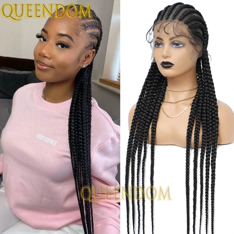 Full Lace Box Braid Synthetic Wig 36 Inch Natural Knotless Cornrow Plait Braids Wig Faux Locs Heat Resistant Braided Goddess Wig