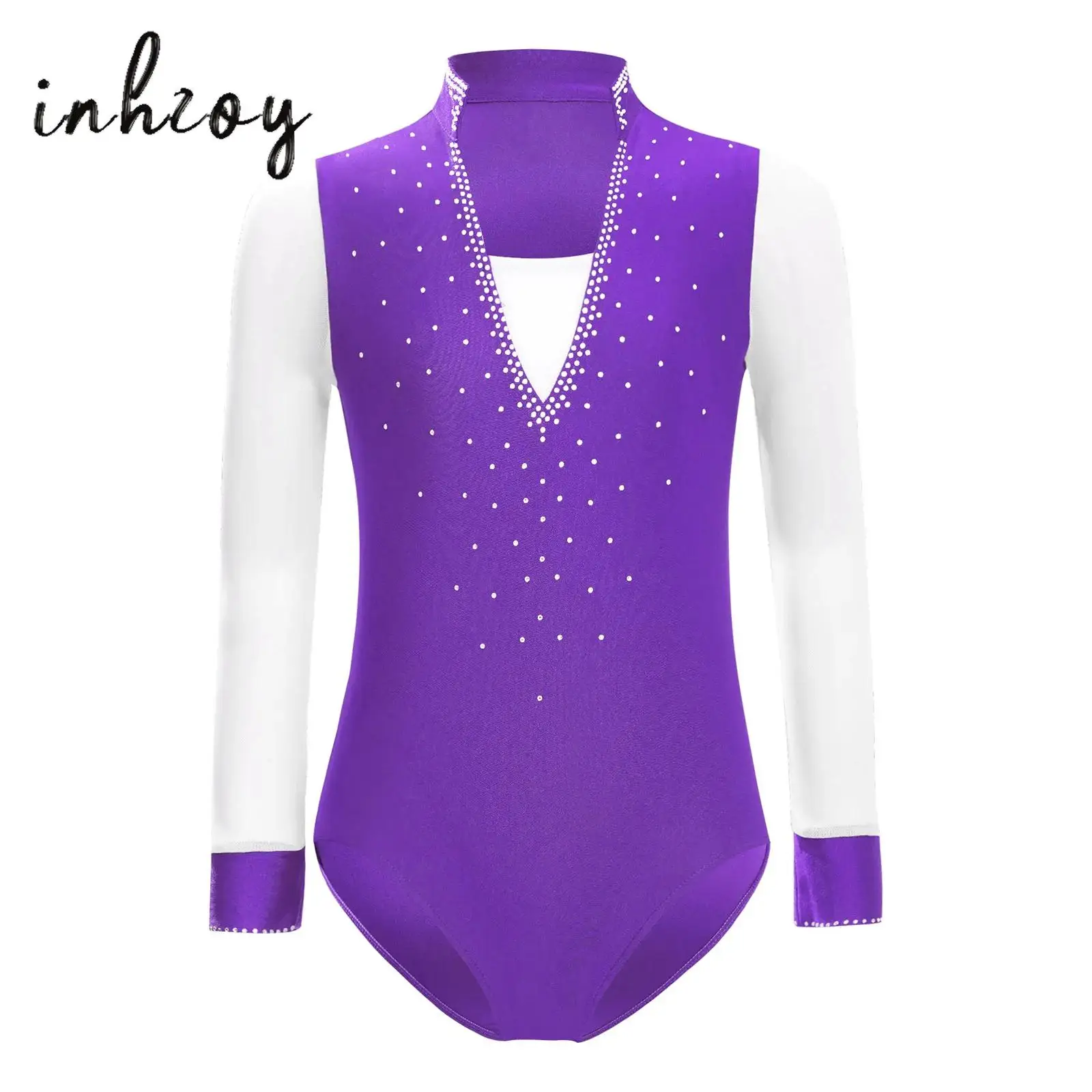 

Kids Boys Latin Dance Leotard Sheer Mesh Long Sleeve Rhinestones Bodysuit Figure Skating Stage Performance Competition Dancewear