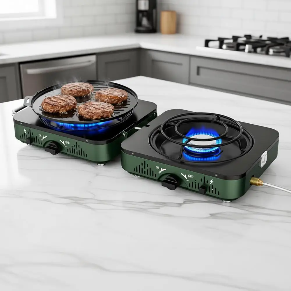 

Compact Dual-Burner Propane Stove, Portable Outdoor Cooking Kit with Frying Pan and Carry Bag