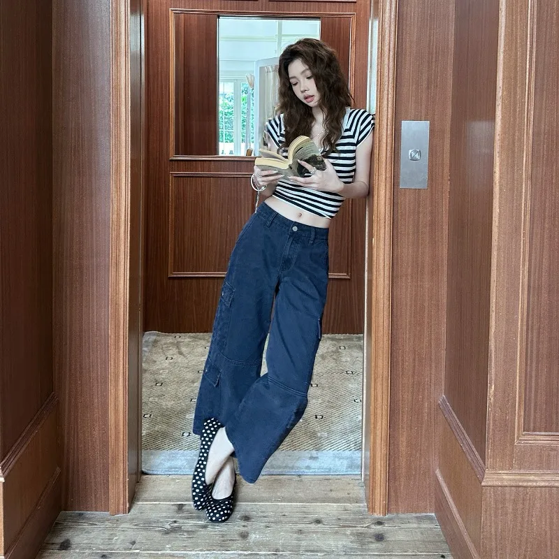 Vintage Y2K Women Cargo Cropped Denim Jeans 2‑Color Option Multi‑Pocket Loose Straight Leg Summer Daily Casual Street Trousers